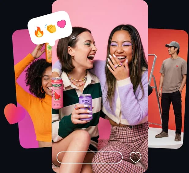 UGC creators holding products with social engagement reactions