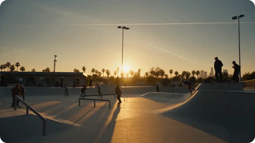 Skatepark scene at sunset illustrating one-click video recreation with Seedance 2.0