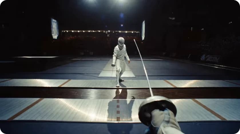 Fencing match wide shot demonstrating multi-shot storytelling with Seedance 2.0