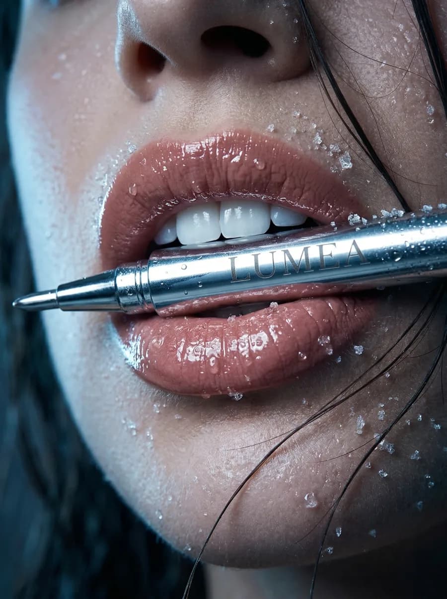Close-up beauty product ad creative with lipstick application
