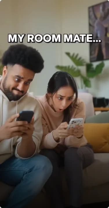 UGC-style app ad with roommates on a couch