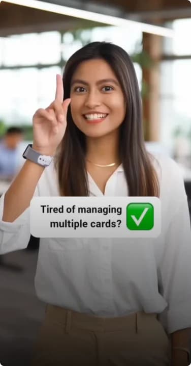 App ad with finance UI overlay and spokesperson