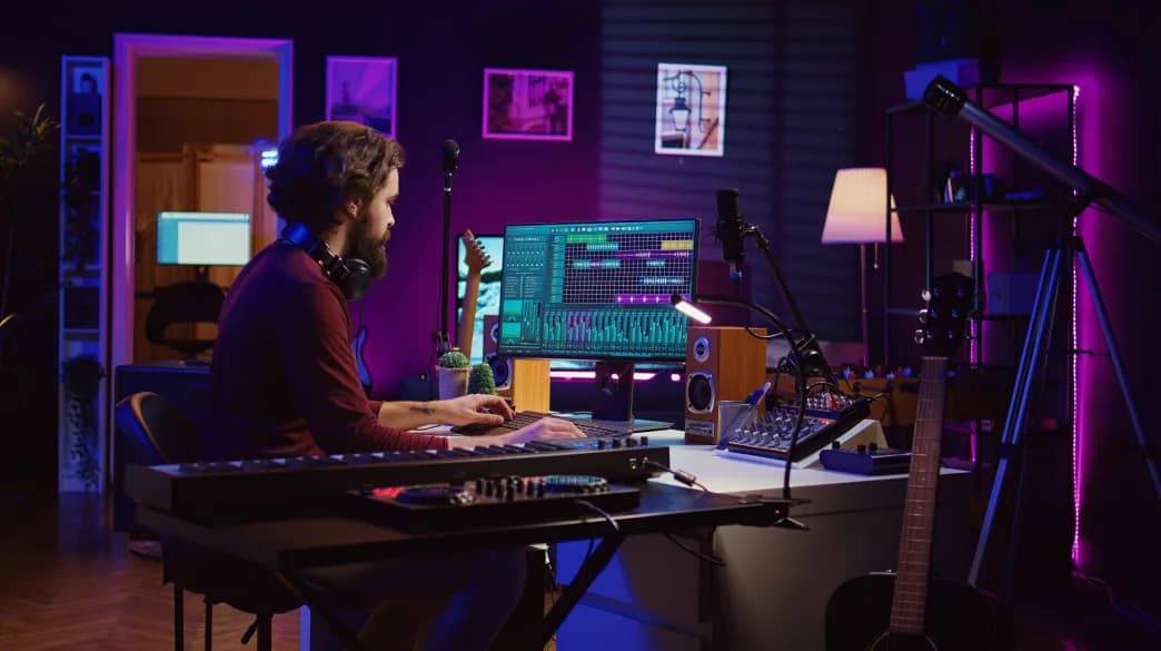 Creator in a home studio with multiple monitors running video editing software