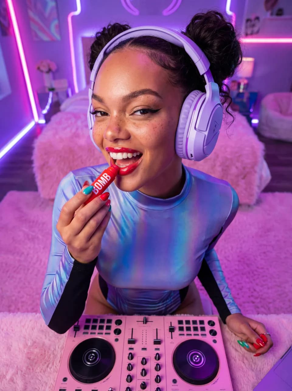Creator with headphones in a neon-lit room