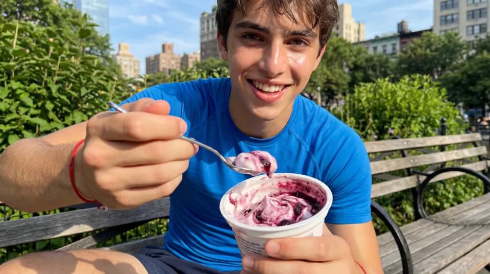 Young man eating yogurt outdoors in a city