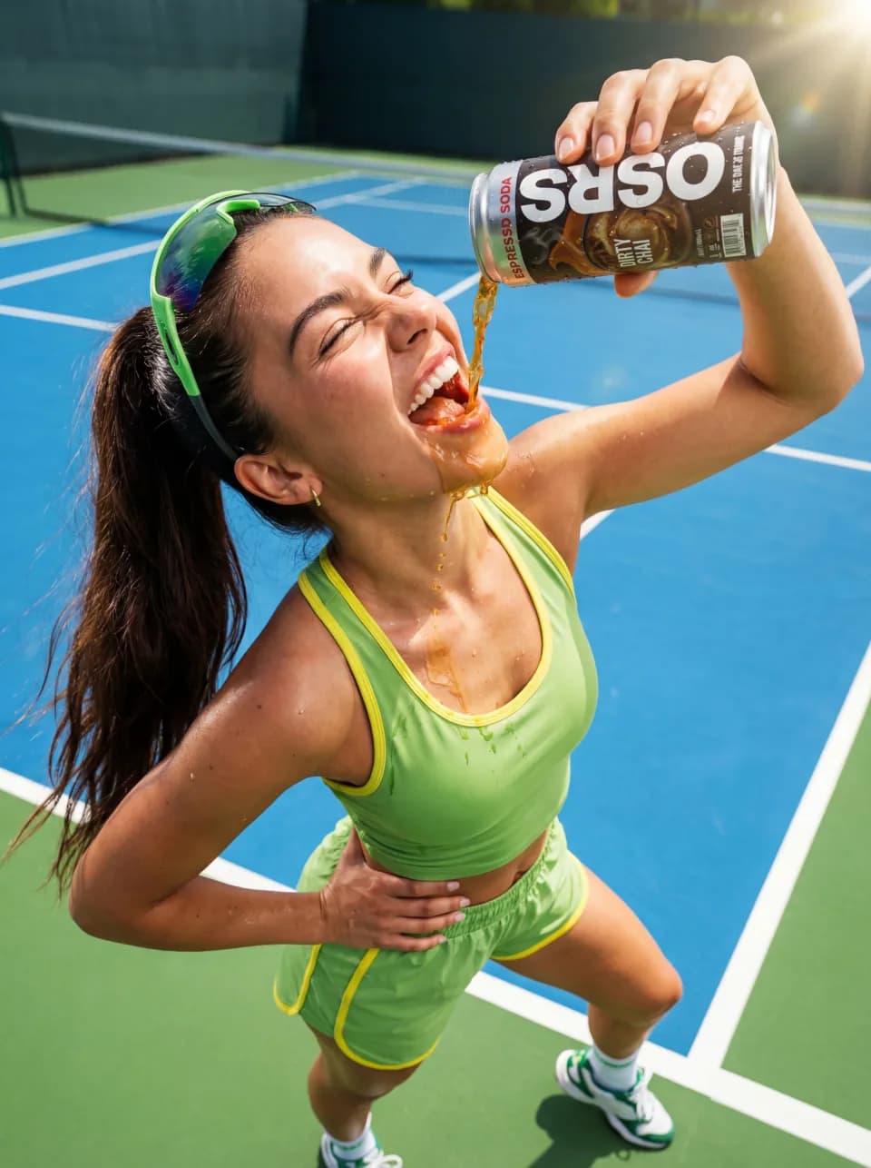 Athletic woman drinking from a can on a tennis court