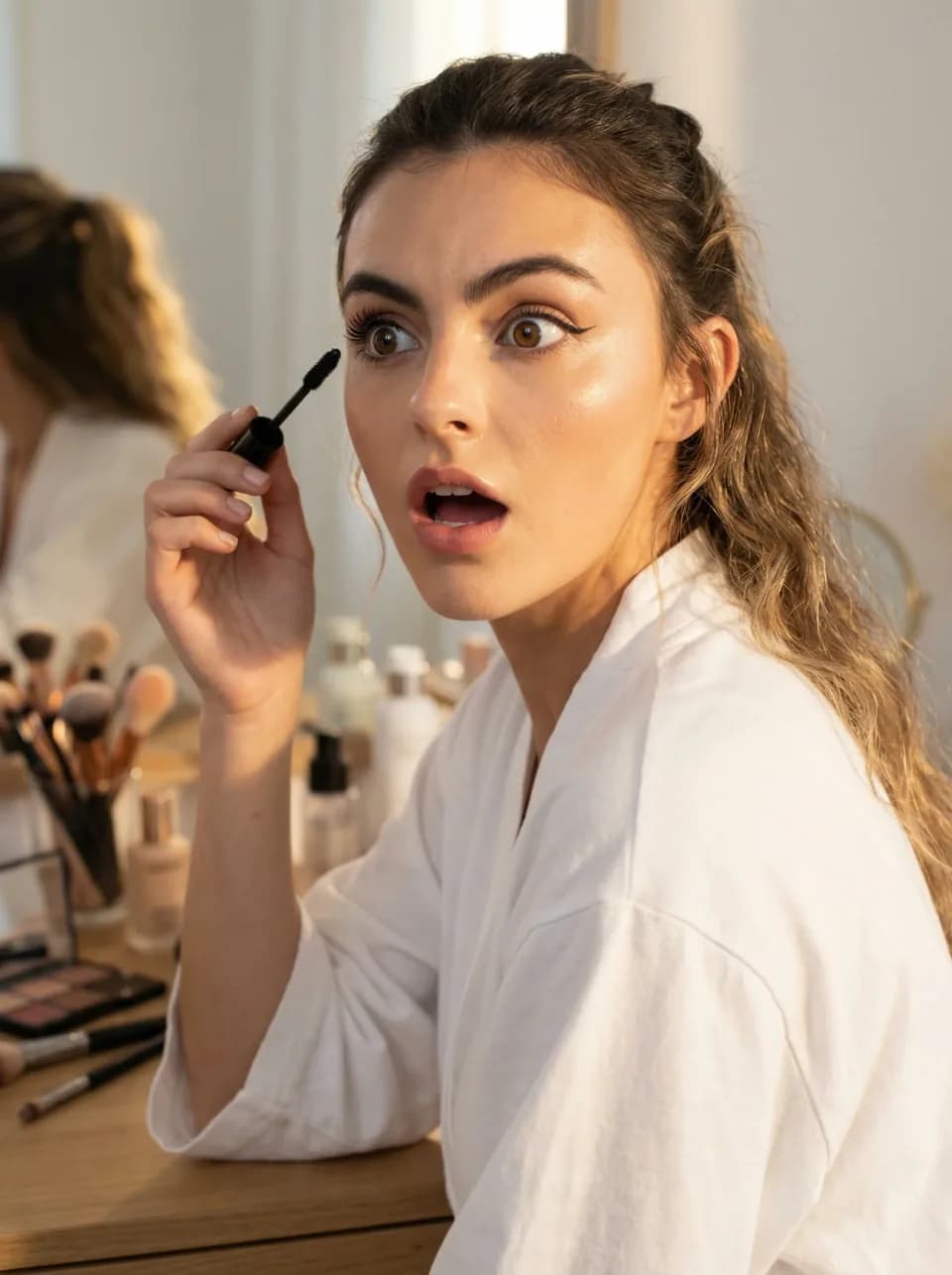 Woman applying mascara at a vanity mirror