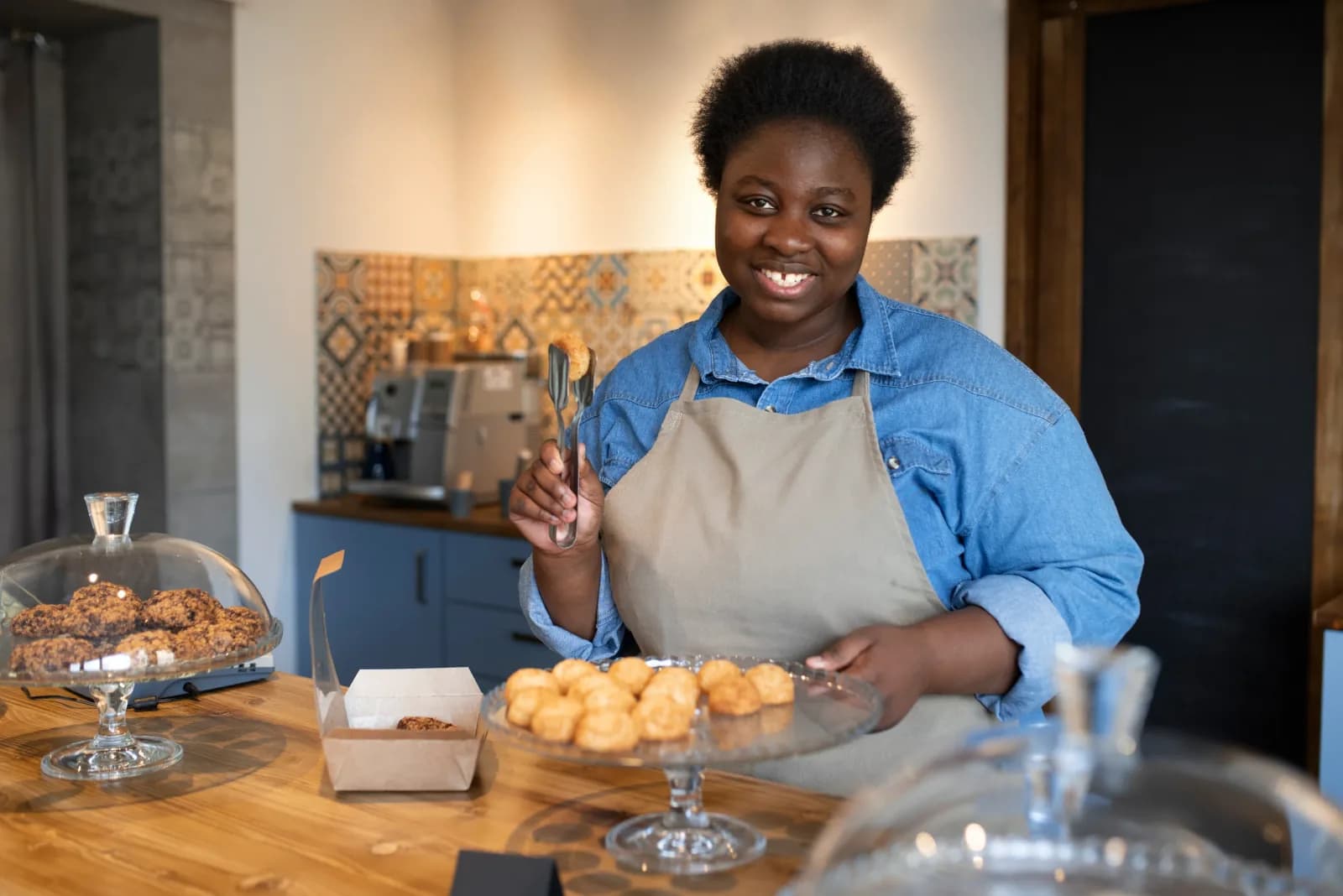 Cafe owner serving pastries behind the counter