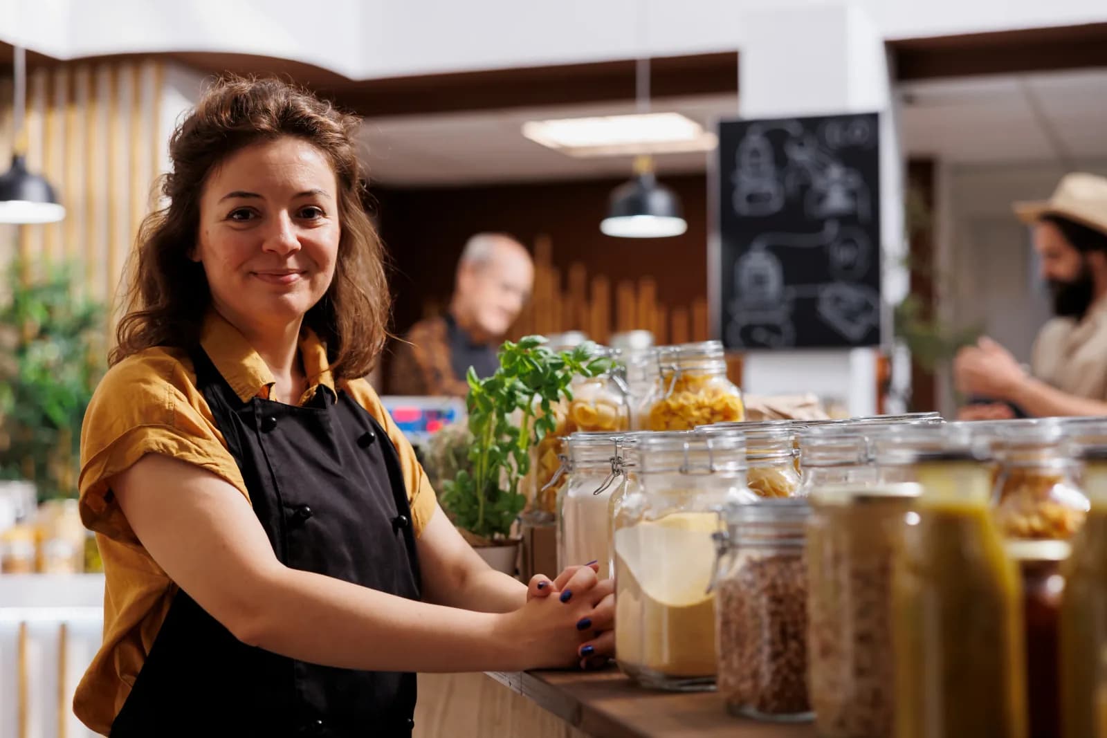Small business owner in an apron at a shop