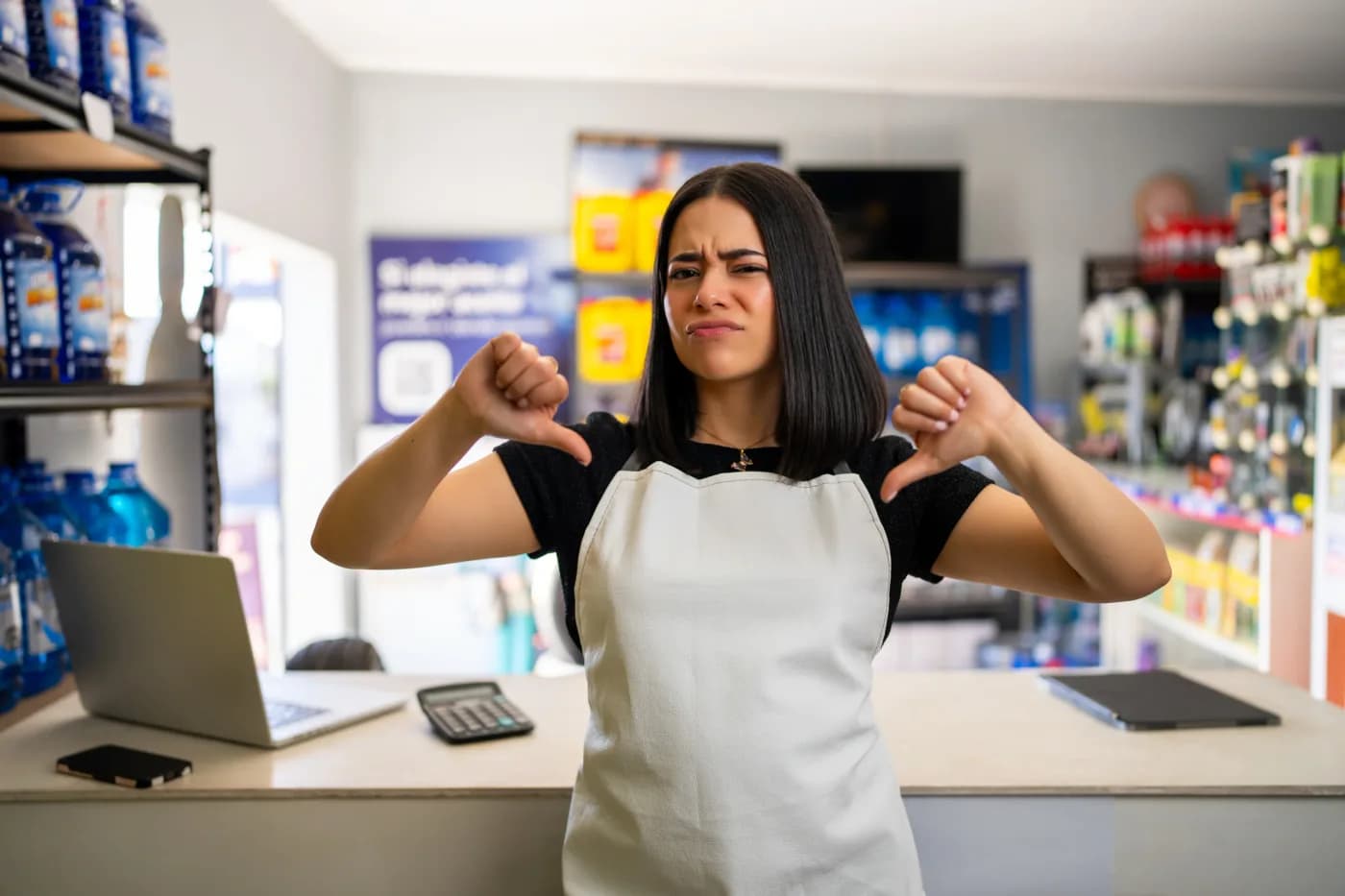 Store owner giving a thumbs down in frustration
