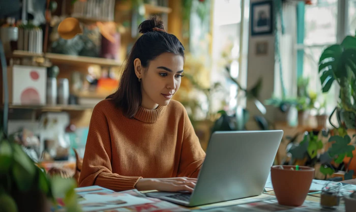 Student learning at a desk with laptop for an education app ad