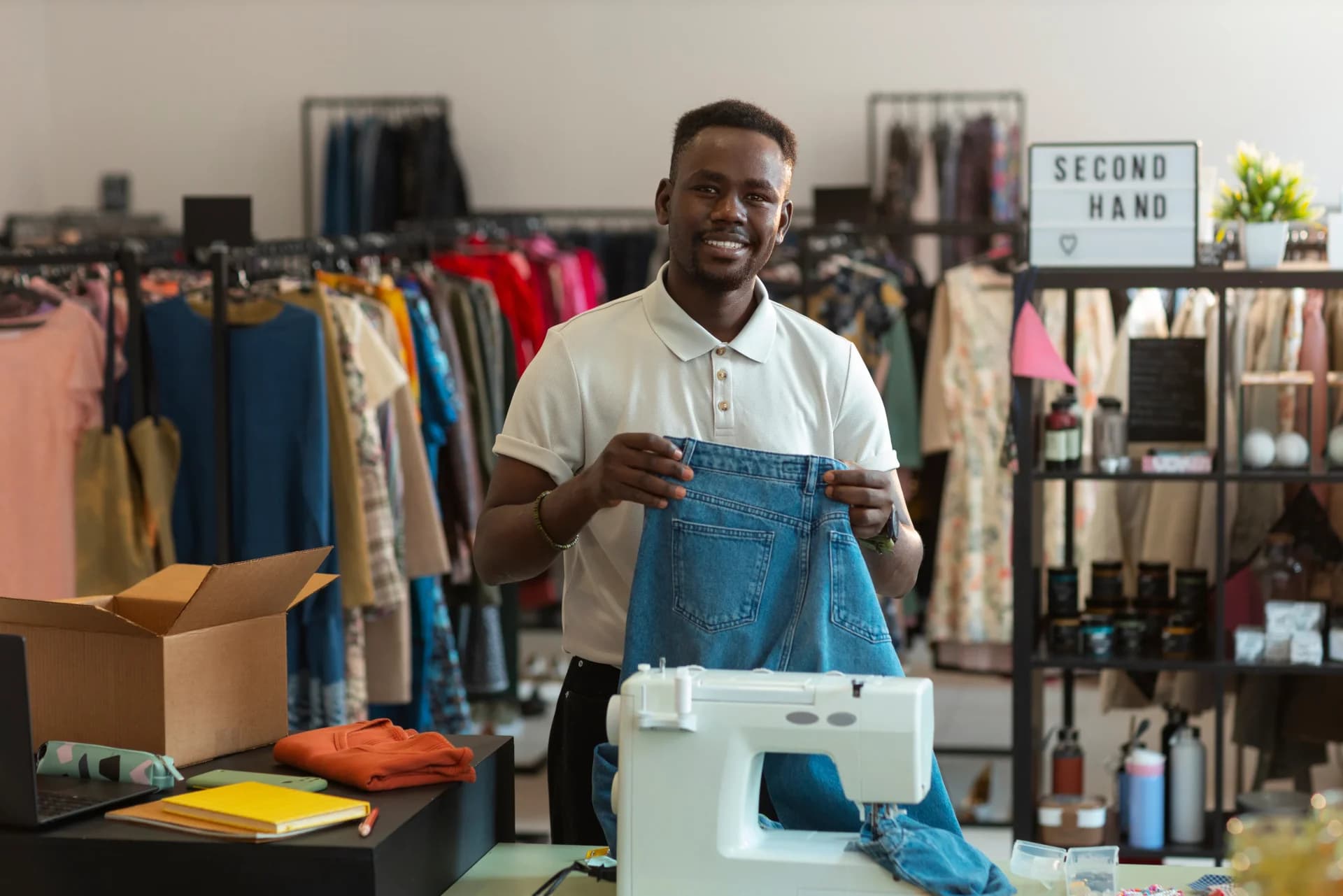 Seller holding up apparel in a shop