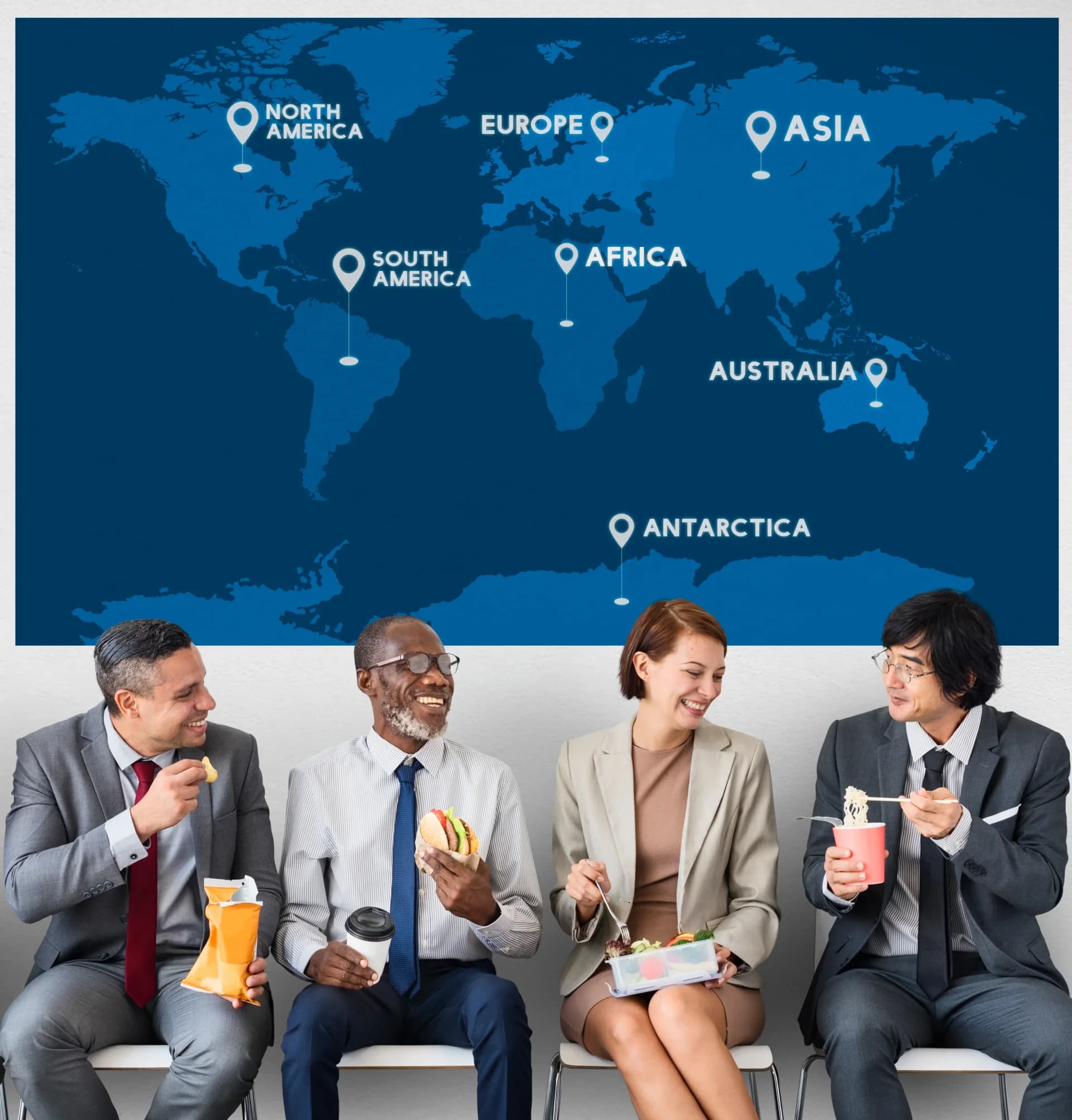 World map with pins and diverse business professionals