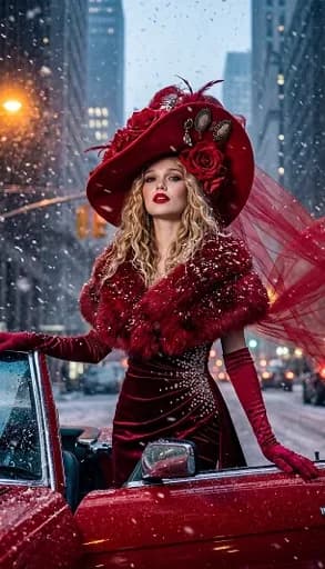 Instagram video ad with red fashion editorial in snowy city