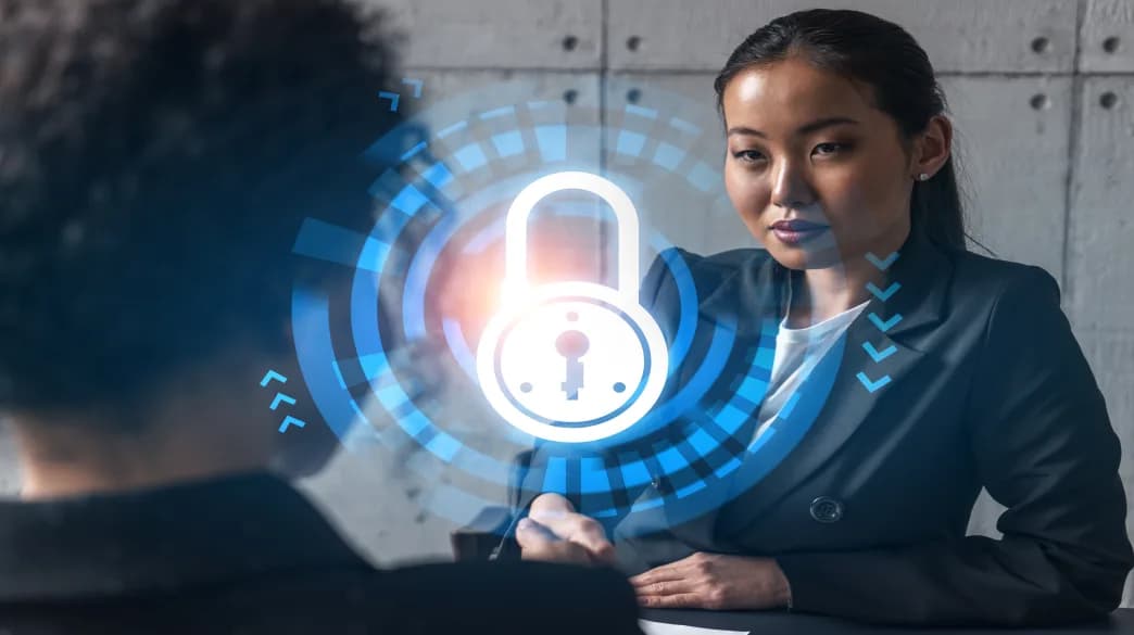 Professional reviewing digital consent and identity protection on a secure interface