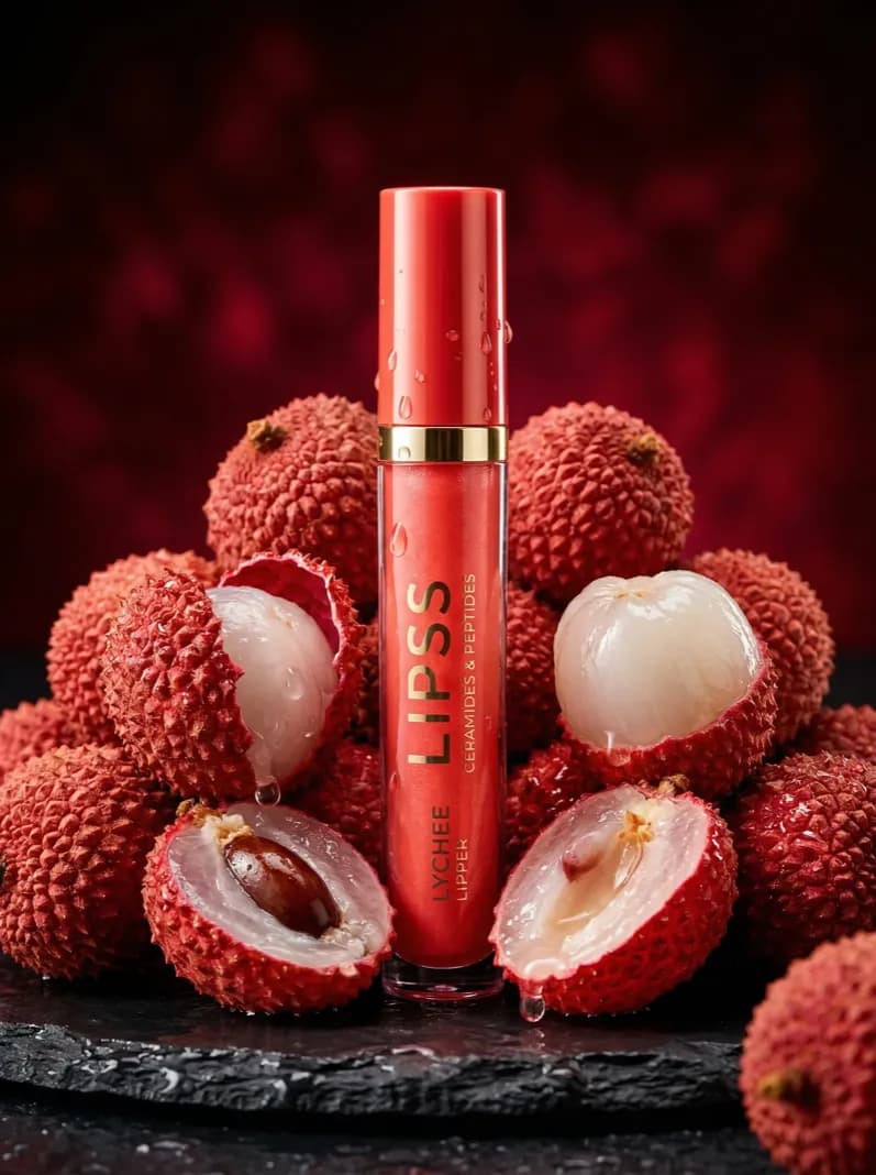 Reels ad preview with lip gloss and lychee product content