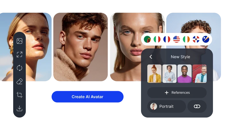 AI Avatar interface with portrait gallery, style panel, language flags, and Create AI Avatar action