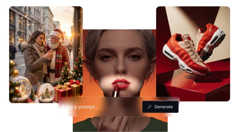 AI image generation showcase with three generated scenes and a prompt bar with Type a prompt and Generate