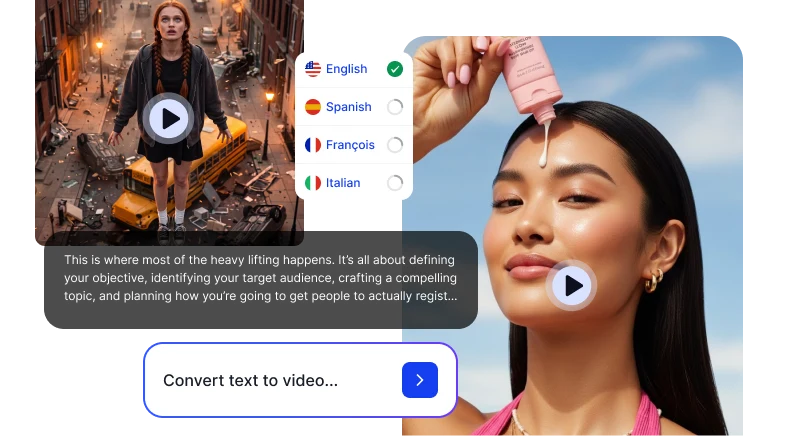 Text to video interface showing multilingual options, prompts, and Convert text to video input