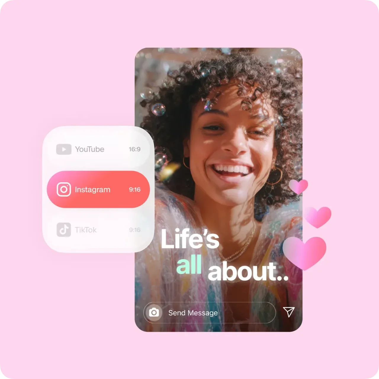 Vertical video preview with social platform icons for TikTok, Reels, and Shorts