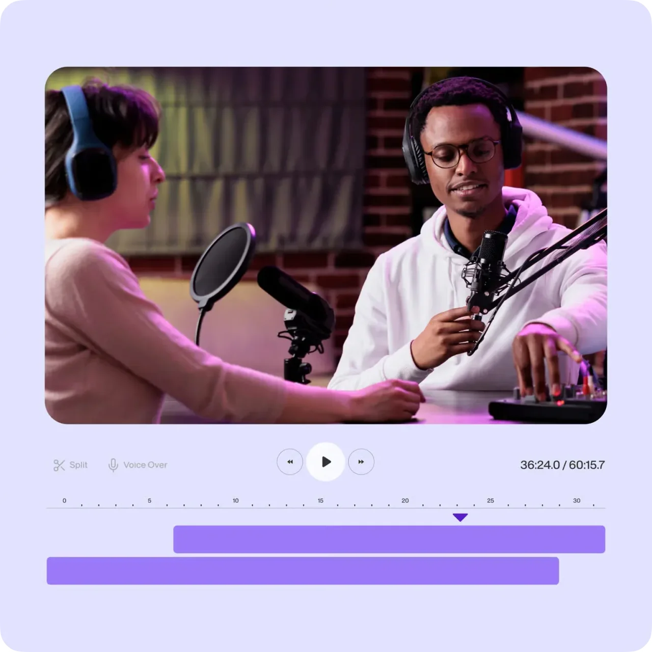 Studio setup with avatar, split, and voice over controls in one panel