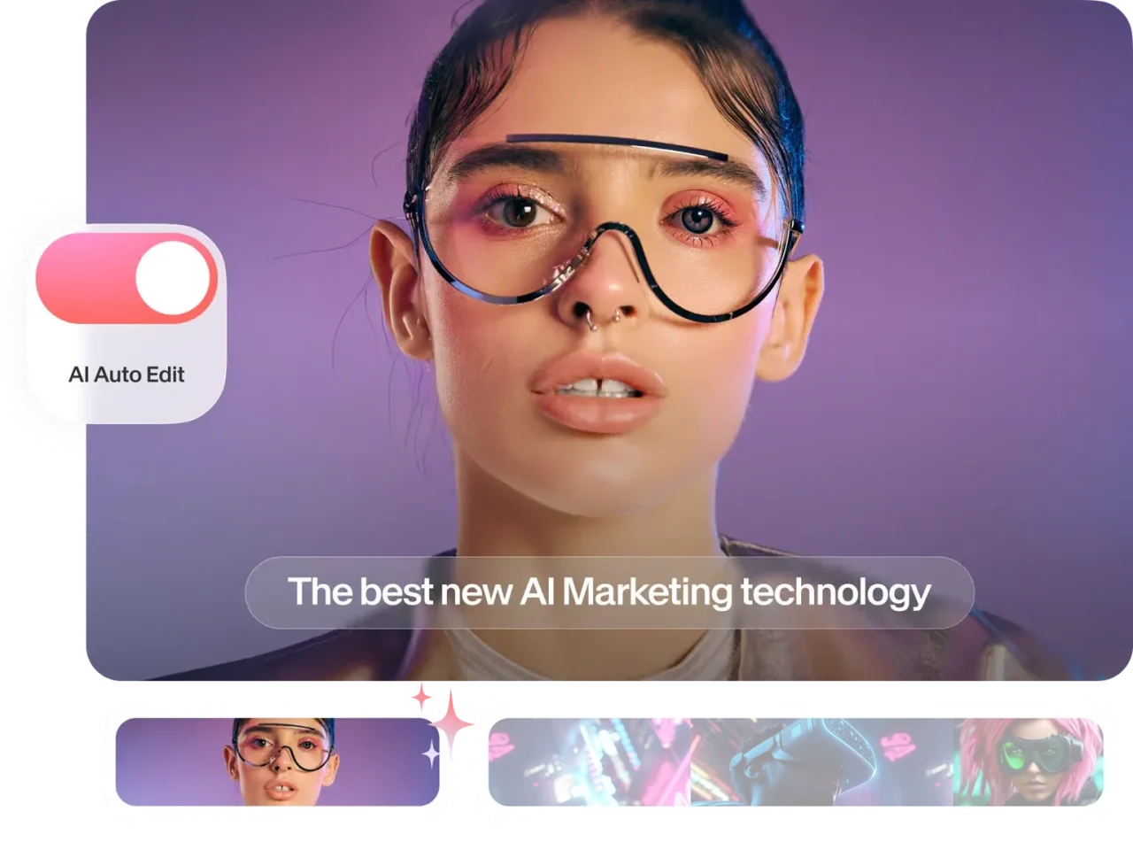 AI auto edit workflow with thumbnails and marketing subtitle overlay