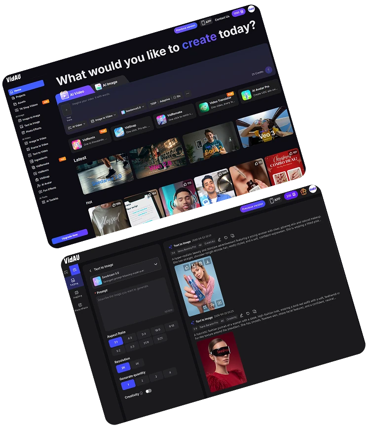 VidAU AI dashboard — create AI video and image projects, templates, and tools in one workspace