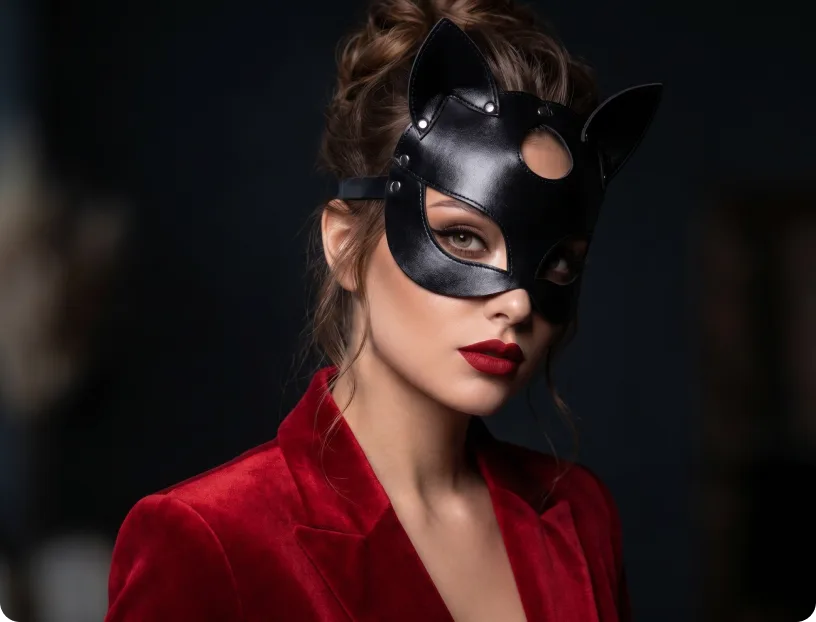 Generated Seedream 5.0 portrait with cat mask and red velvet blazer