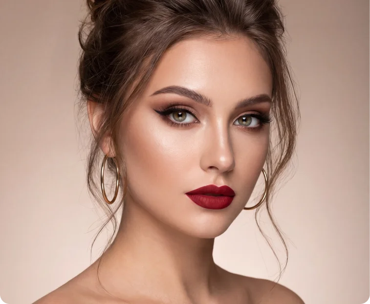 Generated Seedance 2.0 beauty portrait with bold red lipstick and gold hoop earrings