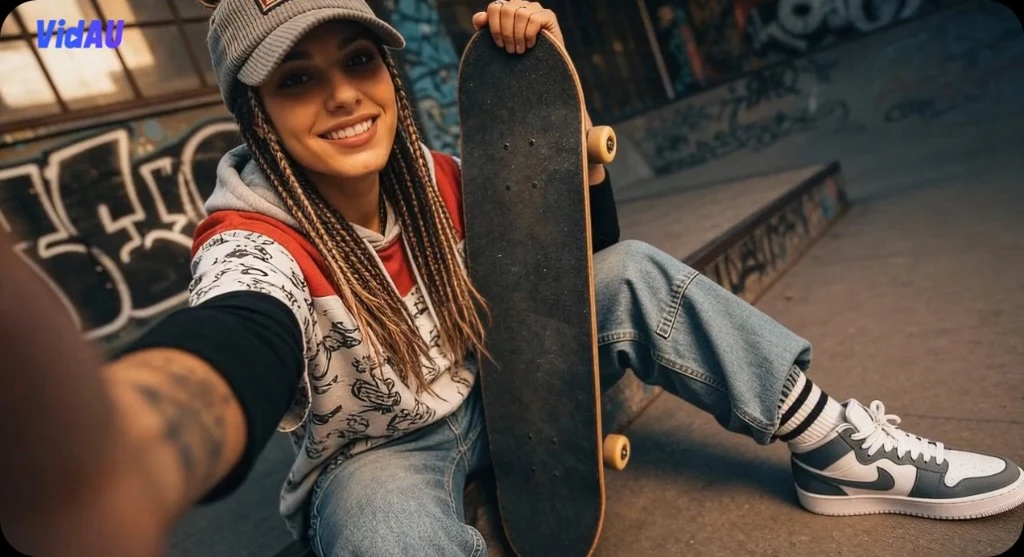 A cinematic high-quality video frame of a smiling woman with braids at a skatepark holding a skateboard, generated by Wan 2.6