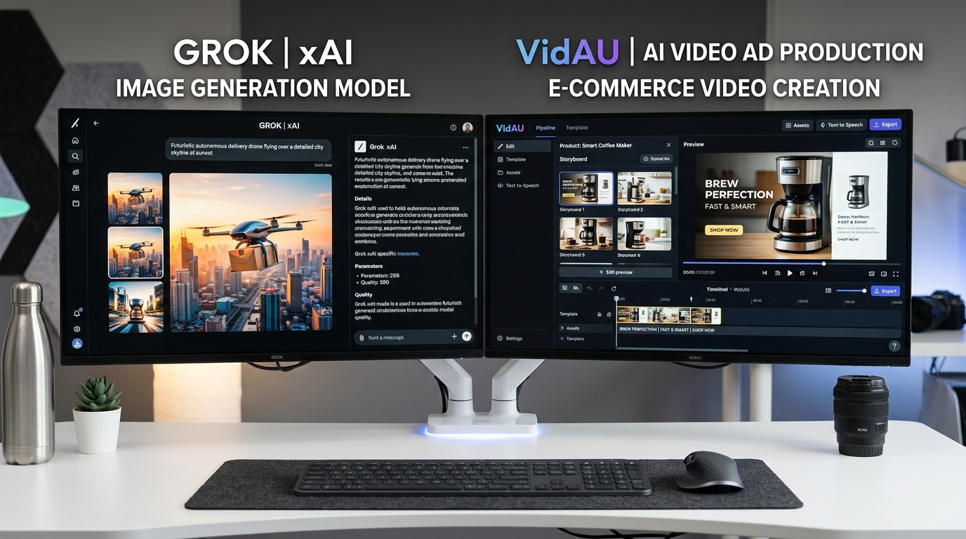 Grok versus VidAU dual monitor comparison for ecommerce video ad production