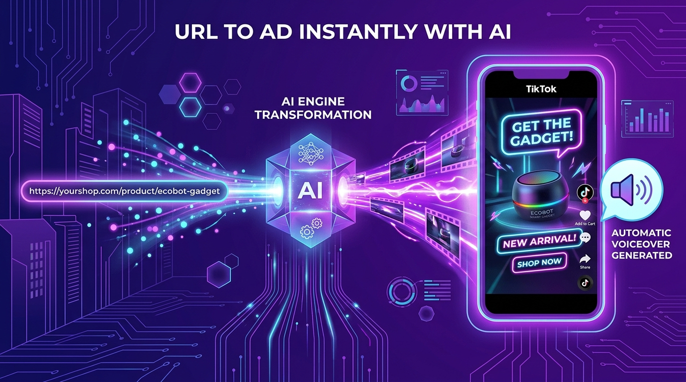 AI URL to video ad generation transforming product page into TikTok ad