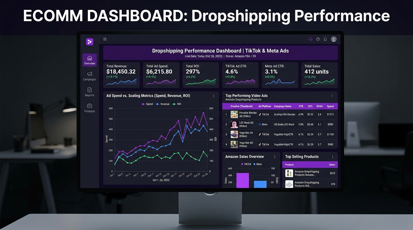 TikTok and Meta ad performance dashboard for Amazon dropshipping video ads