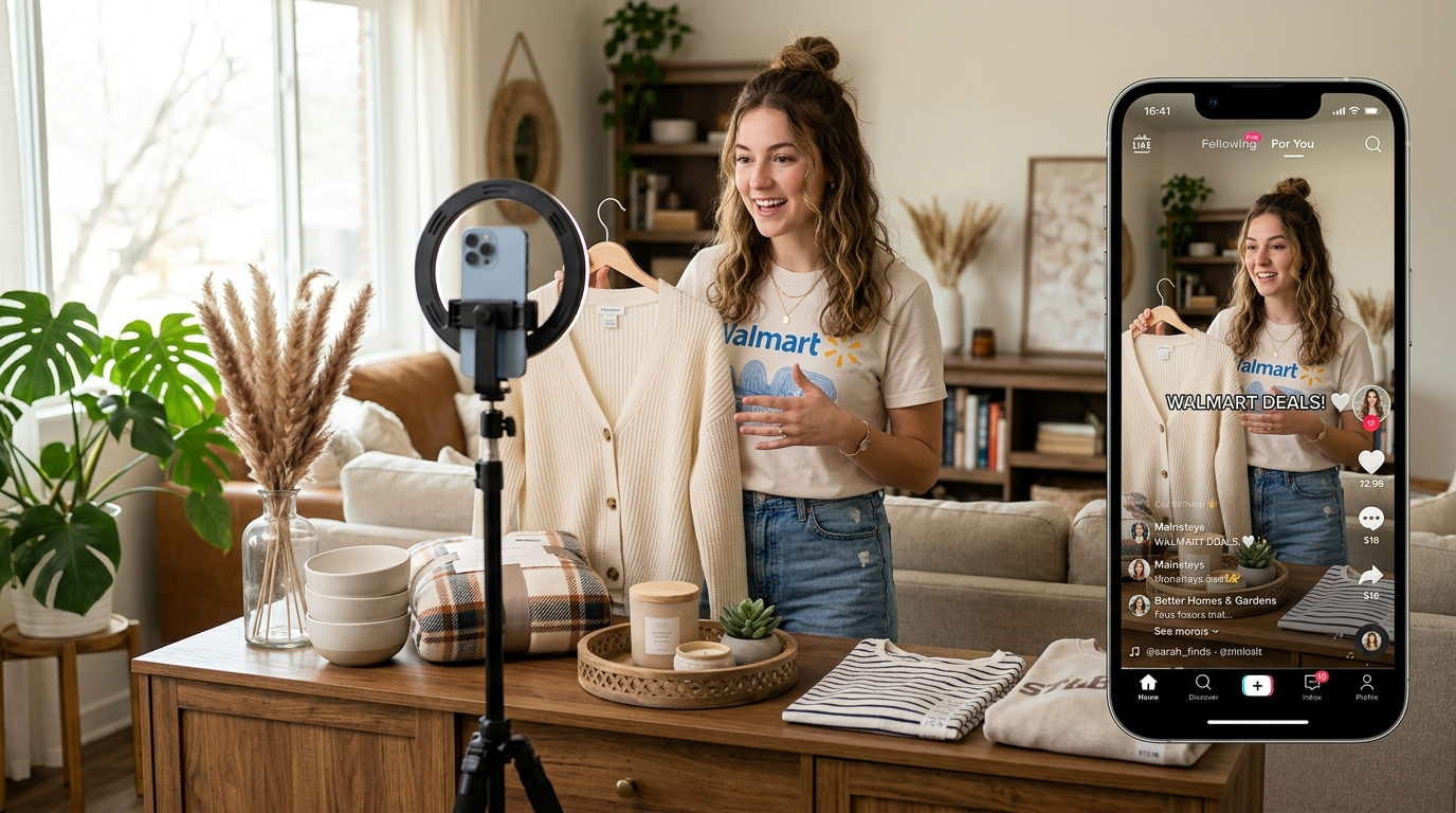 Walmart affiliate TikTok haul video creator filming home goods and clothing products