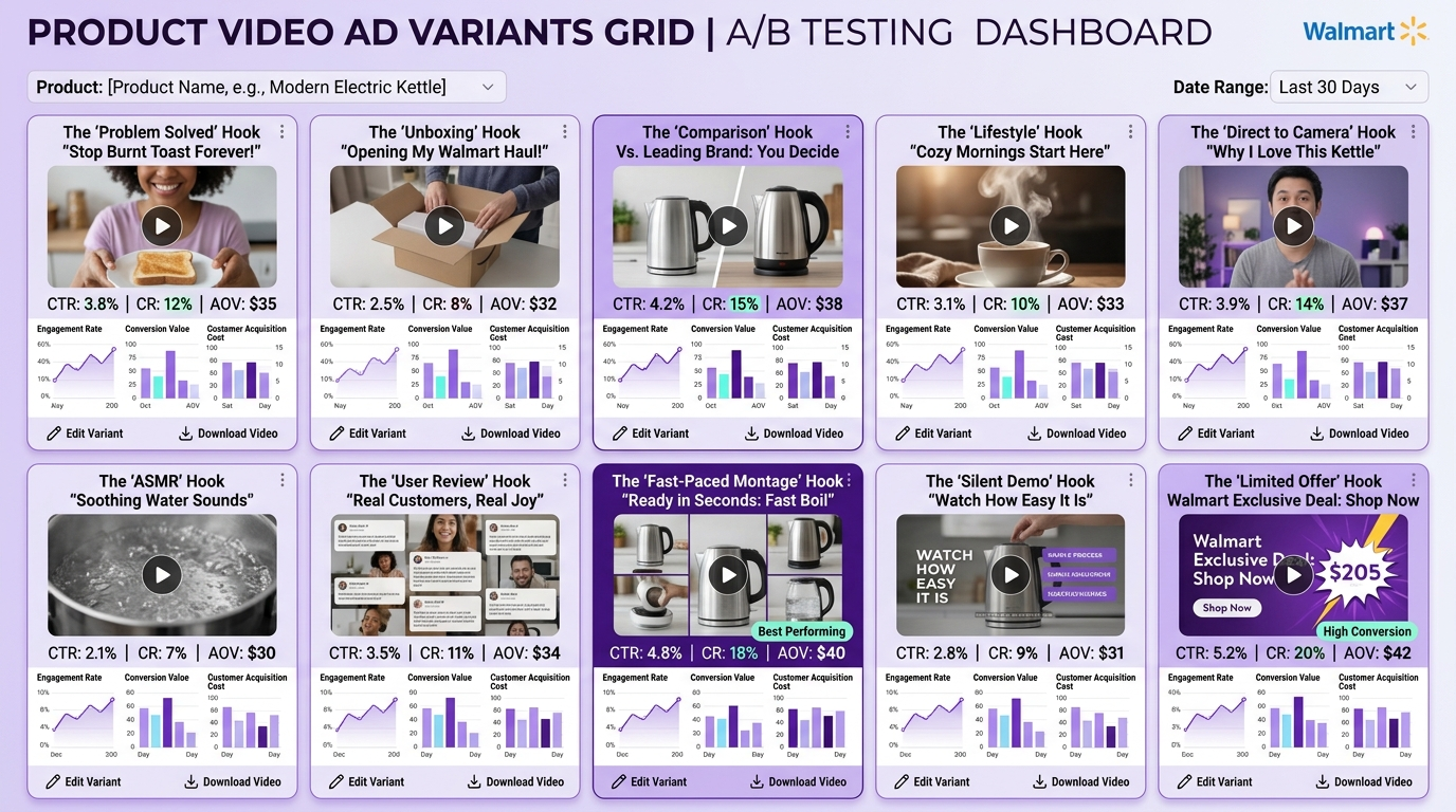 AI video ad hook testing grid for Walmart affiliate product showing multiple variants