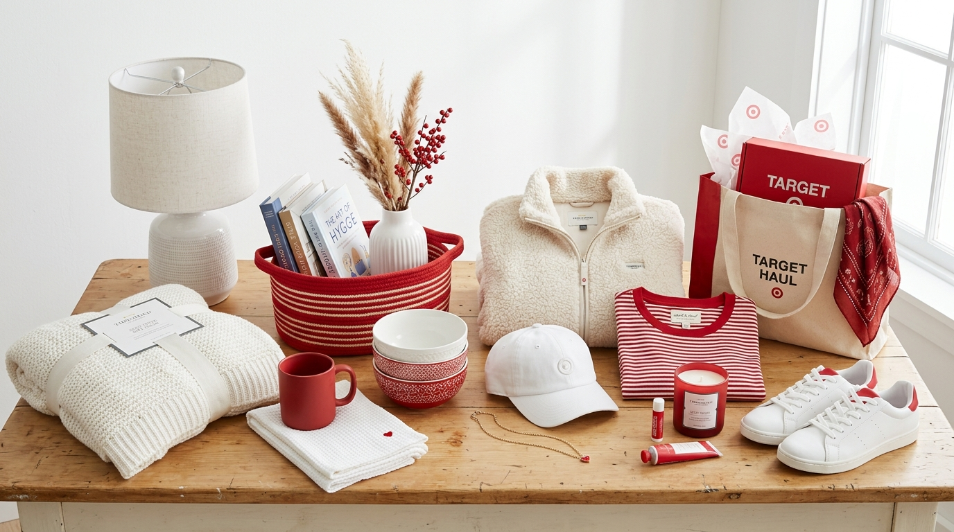 Target affiliate products flat lay showing apparel and home goods in aspirational lifestyle style