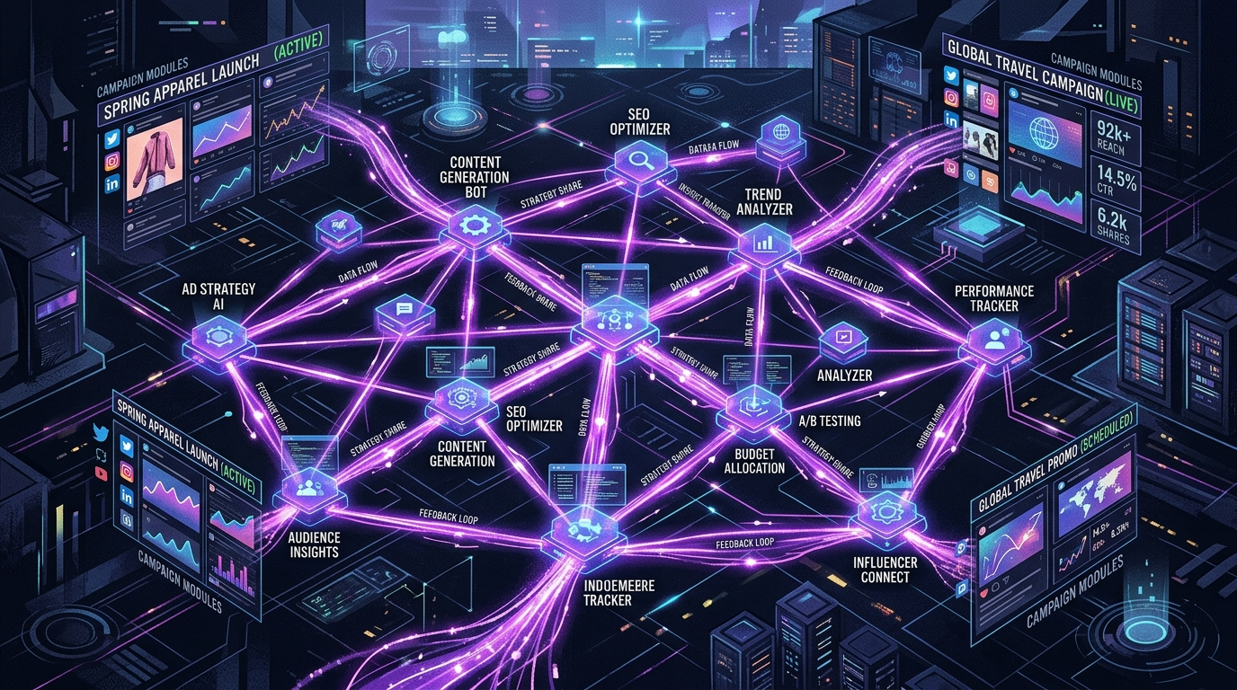 Futuristic AI agent network visualization showing autonomous marketing bots managing campaigns