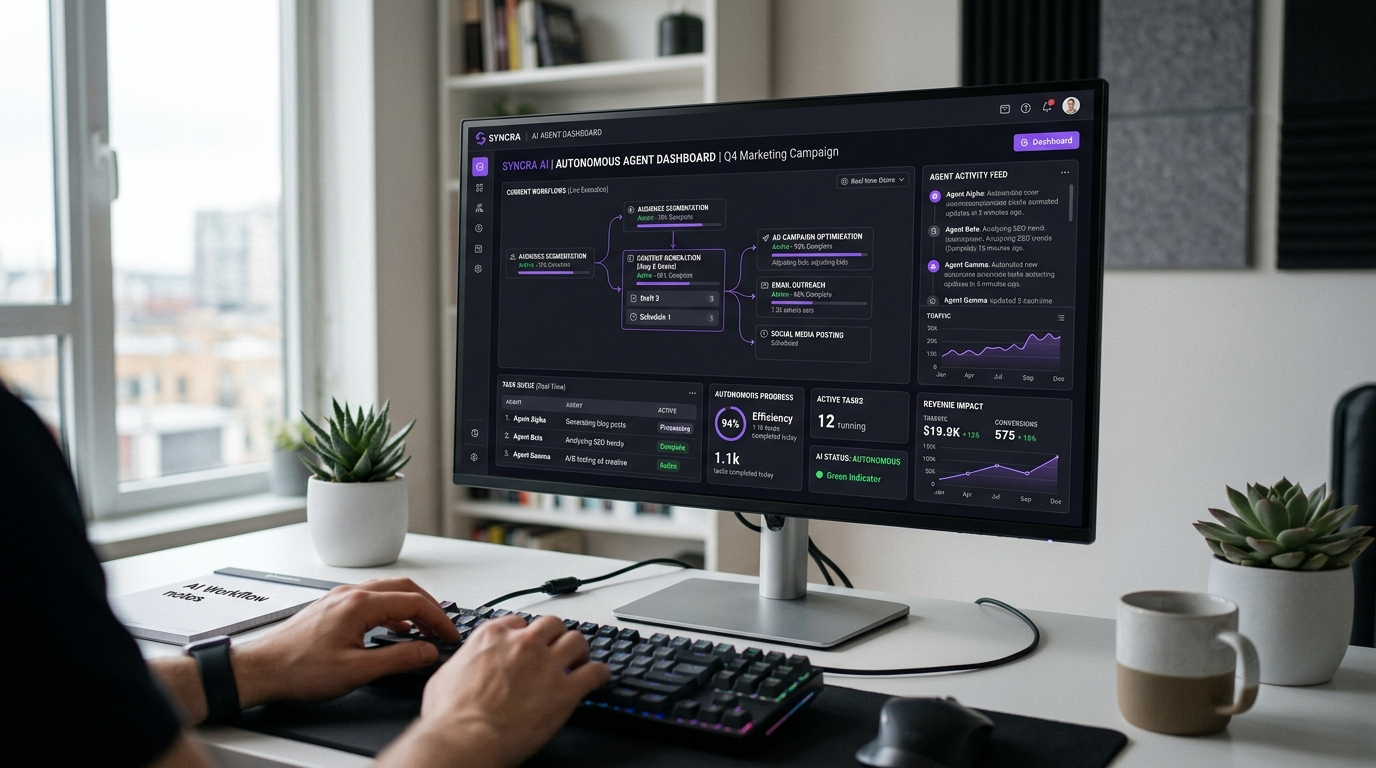 AI agent software interface showing real-time autonomous task management dashboard for marketing