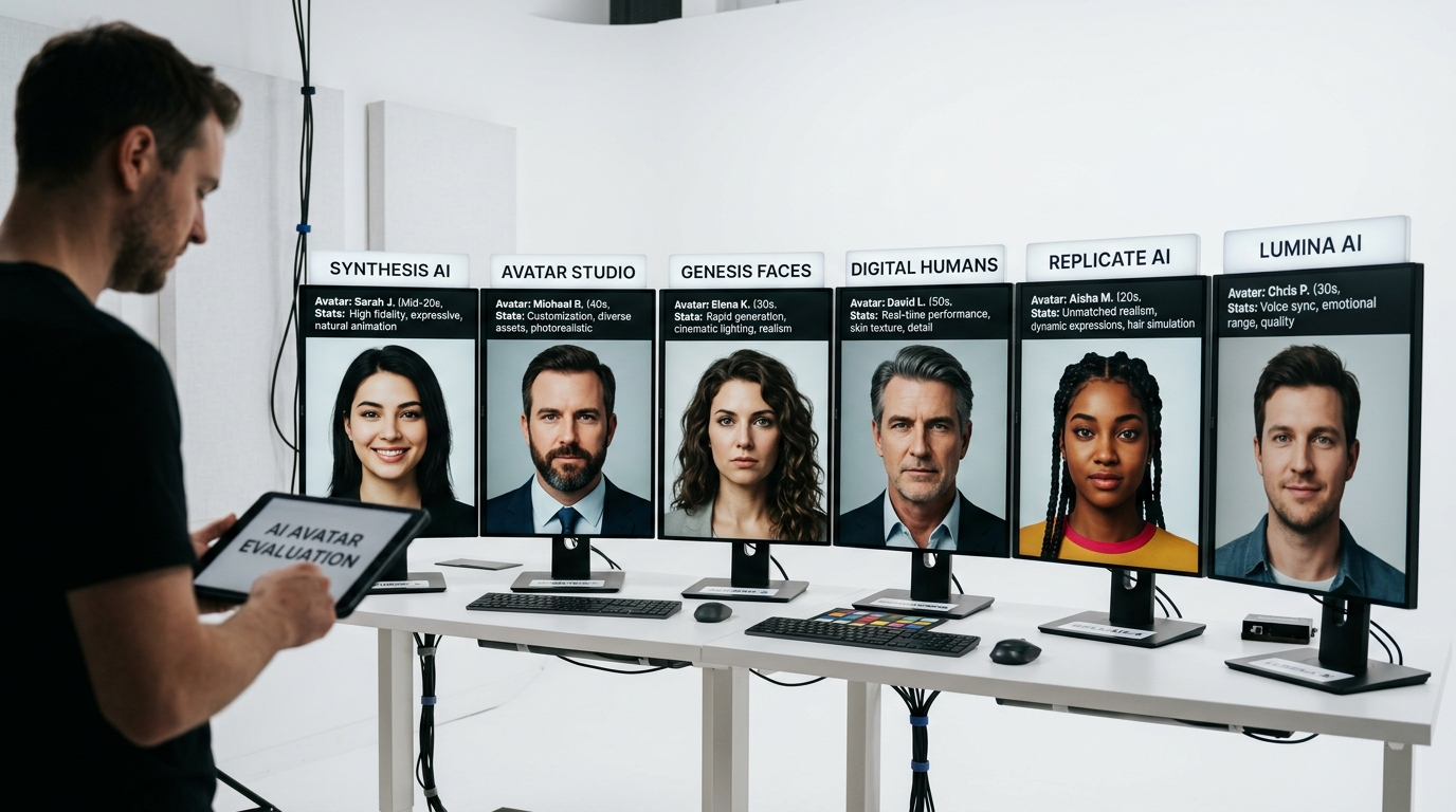 Comparison lineup of AI avatar generators showing different realistic digital human faces on screens