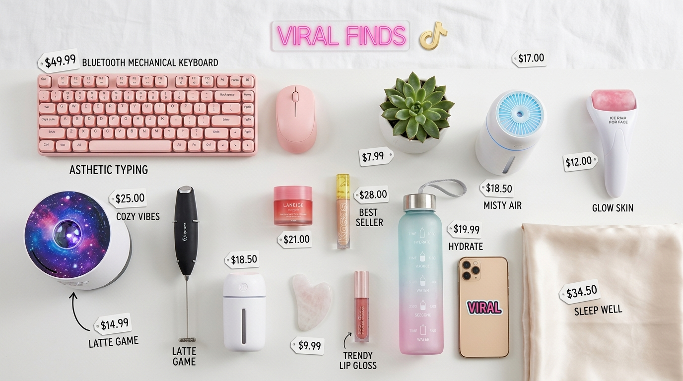 Viral trending ecommerce products flat lay TikTok aesthetic