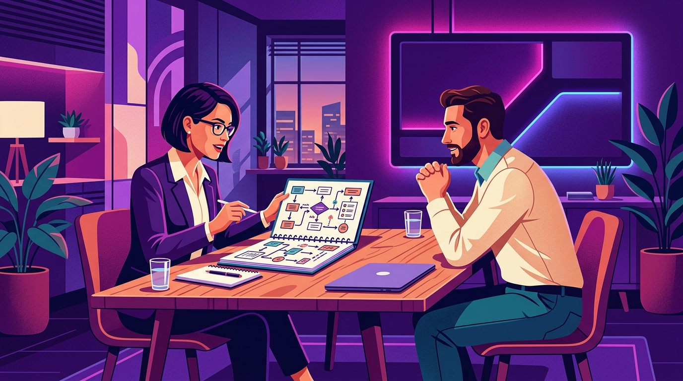 Hiring manager interviewing a consultant and reviewing past workflow diagrams
