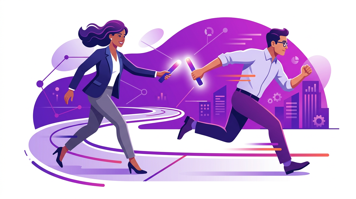 Relay baton passed from a consultant figure to an in-house employee figure