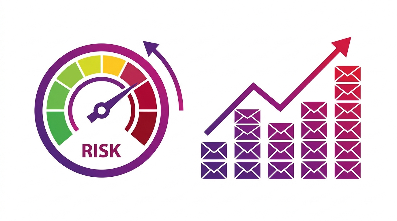 Gauge dial with a warning zone next to a rising envelope volume chart
