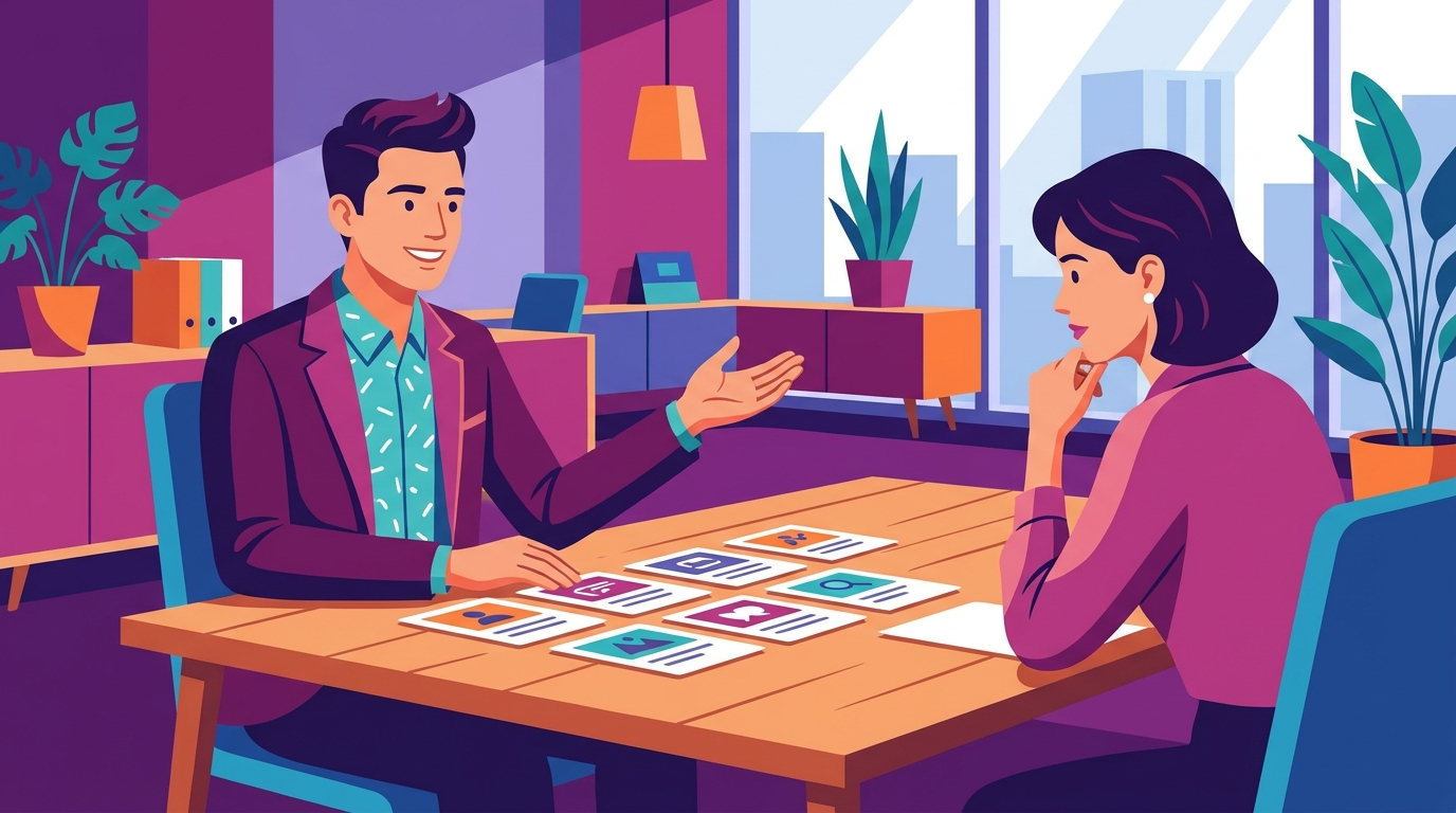 Young professional presenting a portfolio of project cards to an interviewer