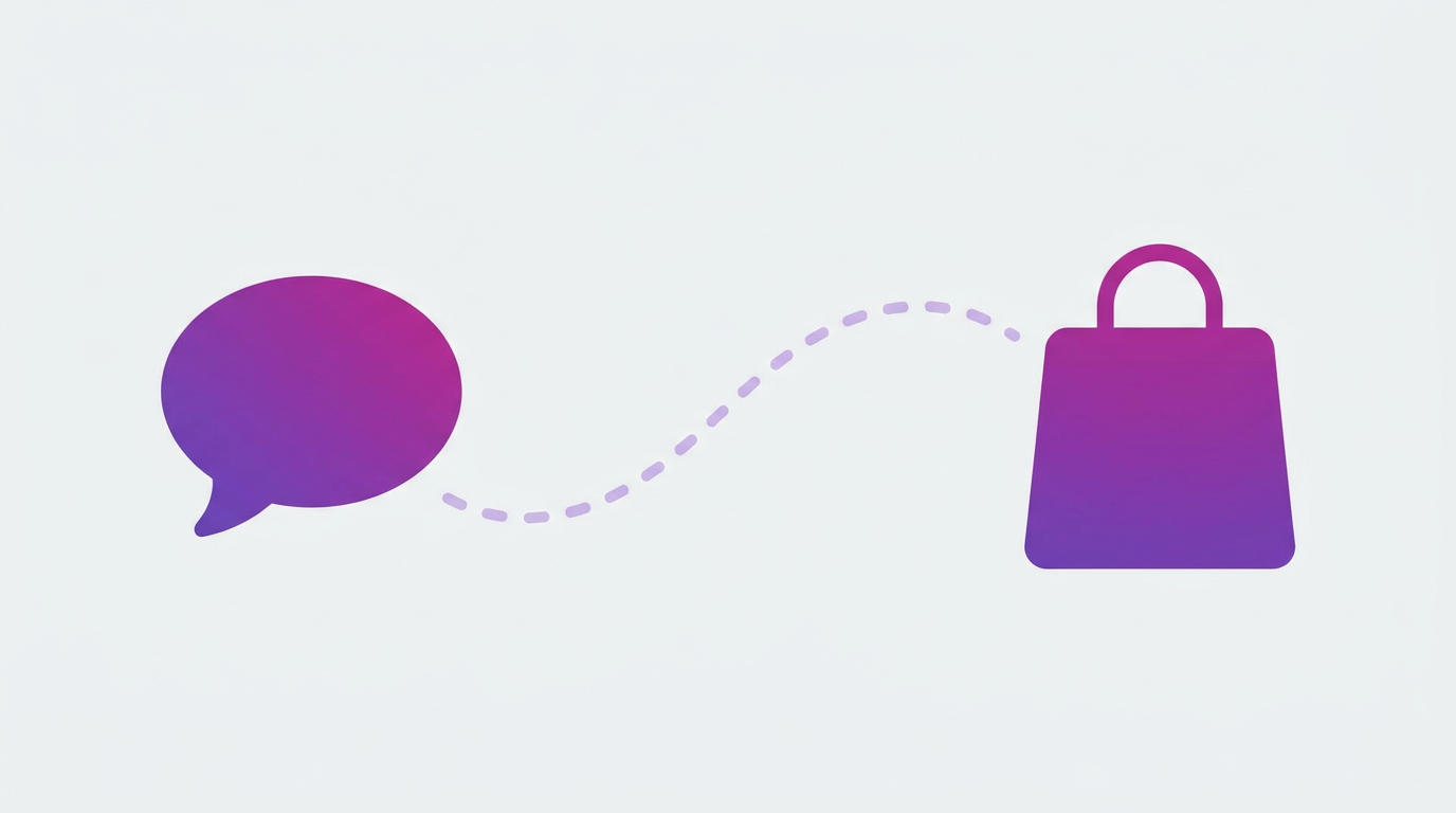 Chat bubble with a dotted invisible trail leading to a shopping bag