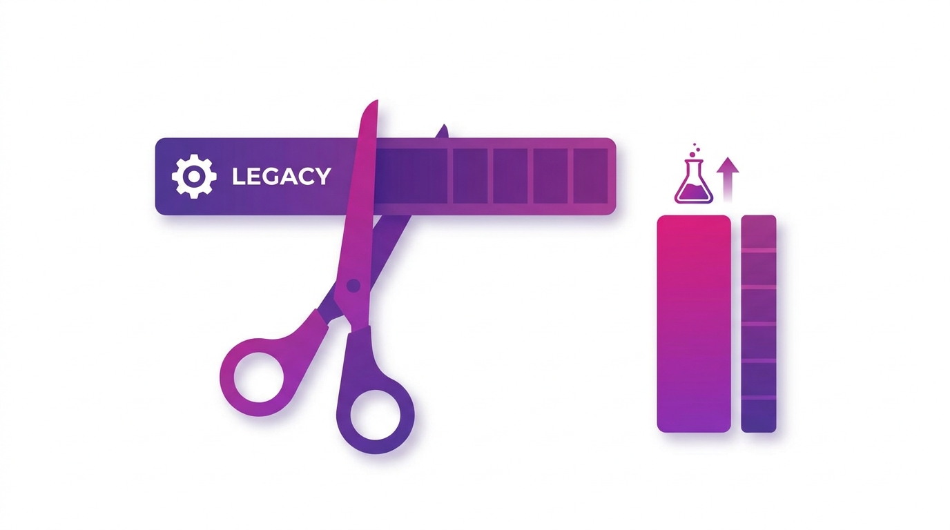Scissors cutting a legacy budget bar while an experimentation budget bar grows