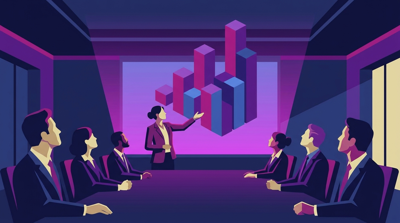 Marketing leader presenting a budget reallocation chart to executives