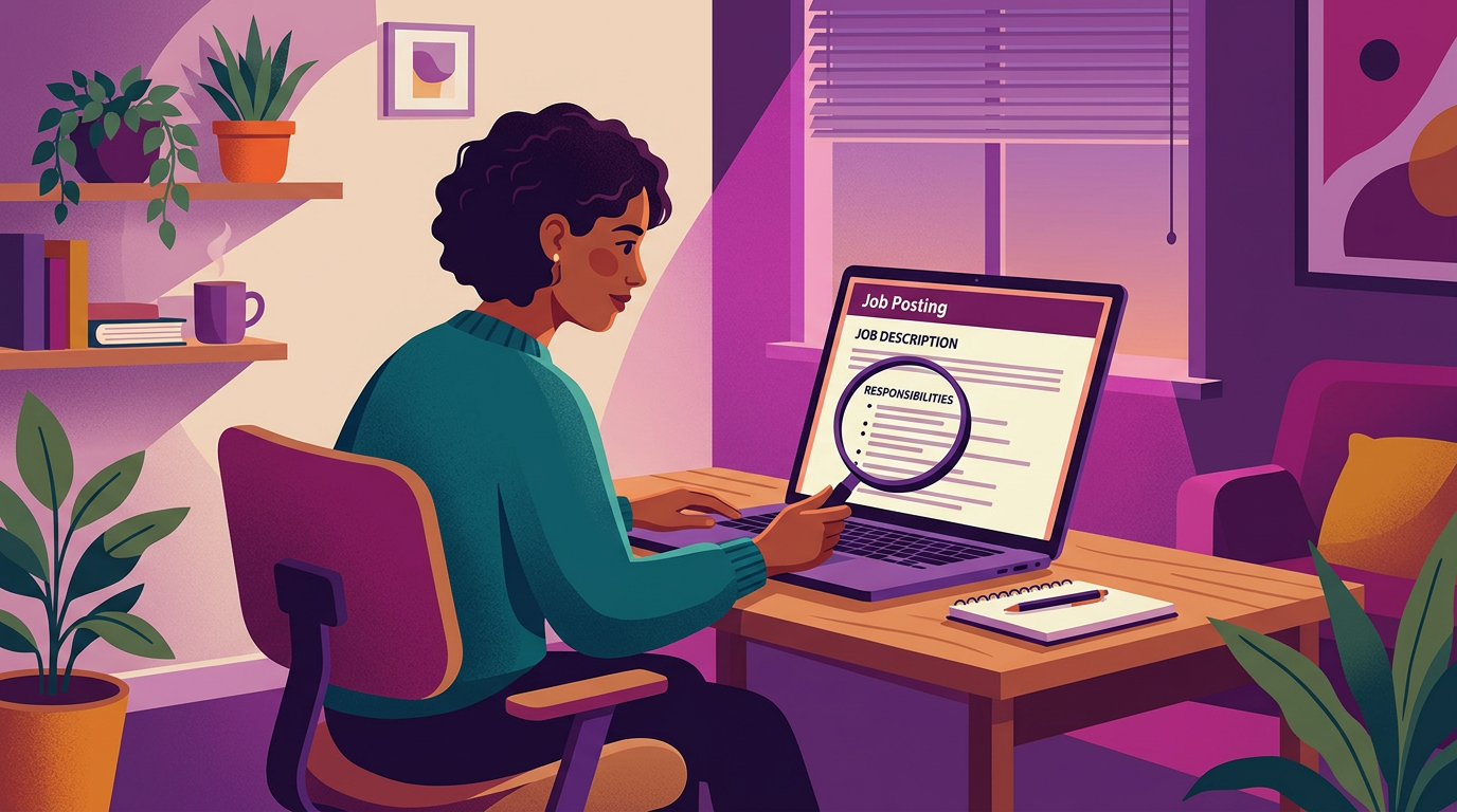 Job seeker closely reading a job posting responsibilities section