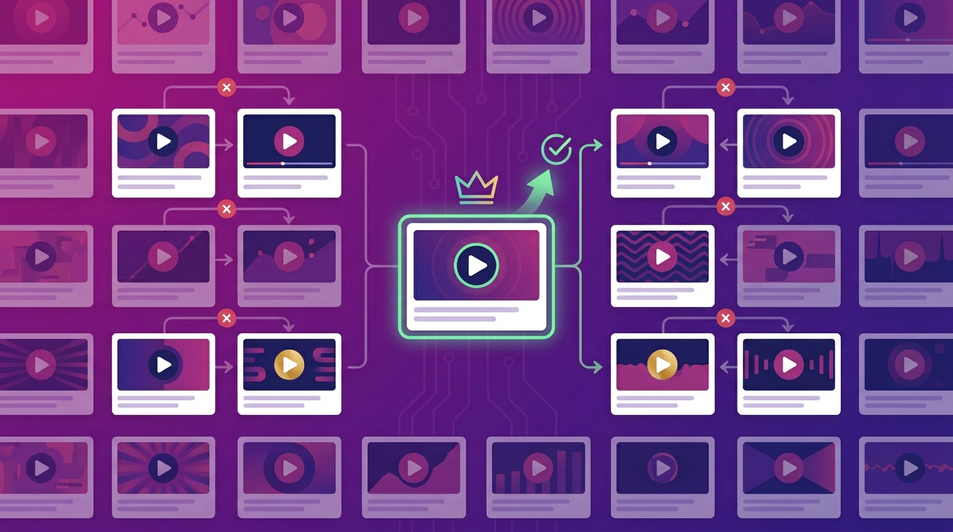 Grid of video thumbnail cards tested with one highlighted as a winner