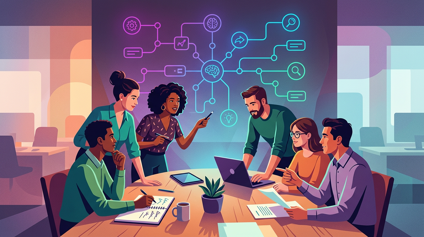 Marketing team meeting with an AI workflow diagram projected on the wall